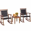 Tangkula 3 Pieces Patio Rocking Chair Set, Patiojoy Acacia Wood Rocker with Side Table, Outdoor Rocking Chairs with Wicker Rattan Seat & Backrest