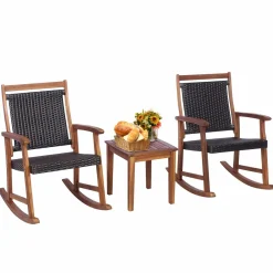 Tangkula 3 Pieces Patio Rocking Chair Set, Patiojoy Acacia Wood Rocker with Side Table, Outdoor Rocking Chairs with Wicker Rattan Seat & Backrest
