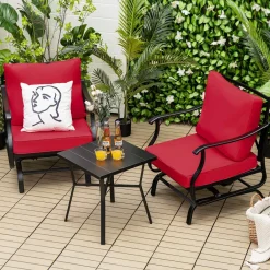 Tangkula 3 Pieces Patio Rocking Chair Set W/Coffee Table Set, Seat & Back Cushions Included (Red)