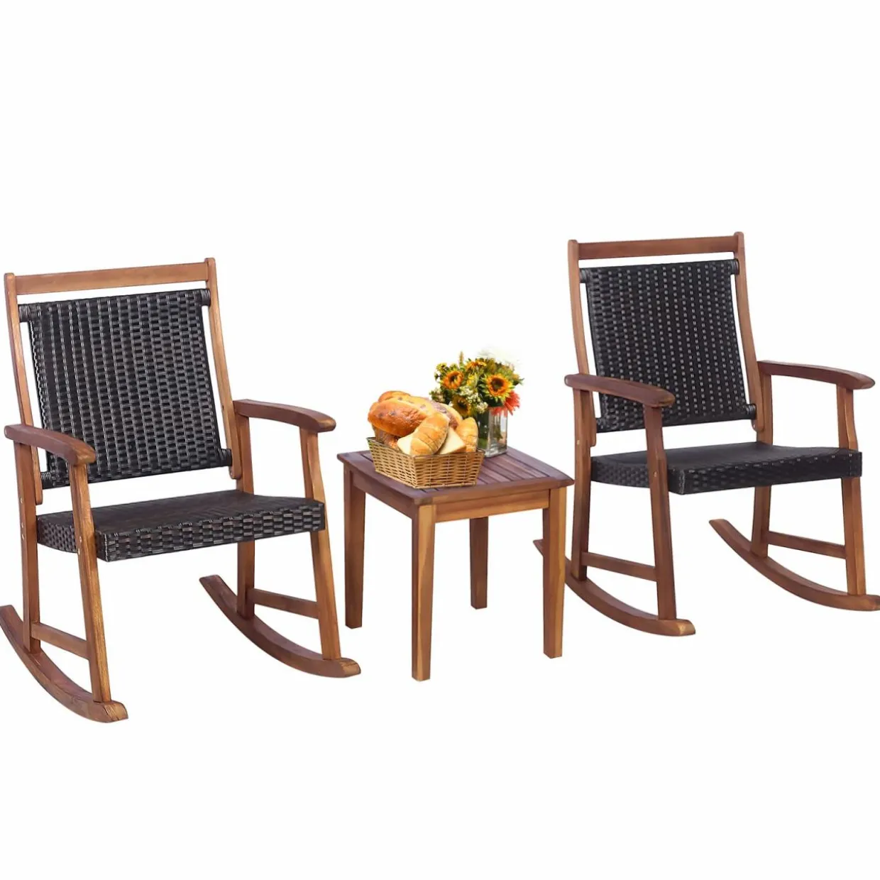 Tangkula 3 Pieces Patio Rocking Chair Set, Patiojoy Acacia Wood Rocker with Side Table, Outdoor Rocking Chairs with Wicker Rattan Seat & Backrest
