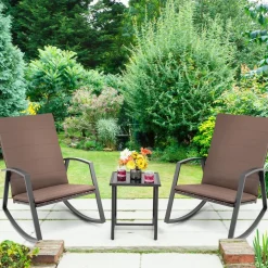 Tangkula 3 Pieces Patio Rocking Bistro Set, PE Rattan Rocking Chairs with Tempered Glass Side Table