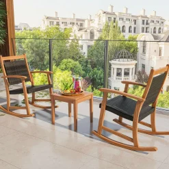 Tangkula 3 Pieces Patio Rocking Chair Set, Patiojoy Acacia Wood Rocker with Side Table, Outdoor Rocking Chairs with Wicker Rattan Seat & Backrest