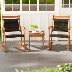 Tangkula 3 Pieces Patio Rocking Chair Set, Patiojoy Acacia Wood Rocker with Side Table, Outdoor Rocking Chairs with Wicker Rattan Seat & Backrest