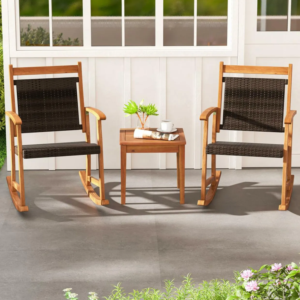Tangkula 3 Pieces Patio Rocking Chair Set, Patiojoy Acacia Wood Rocker with Side Table, Outdoor Rocking Chairs with Wicker Rattan Seat & Backrest