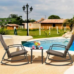 Tangkula 3 Pieces Patio Rocking Bistro Set, PE Rattan Rocking Chairs with Tempered Glass Side Table