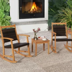 Tangkula 3 Pieces Patio Rocking Chair Set, Patiojoy Acacia Wood Rocker with Side Table, Outdoor Rocking Chairs with Wicker Rattan Seat & Backrest