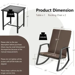 Tangkula 3 Pieces Patio Rocking Bistro Set, PE Rattan Rocking Chairs with Tempered Glass Side Table