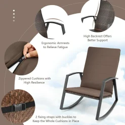 Tangkula 3 Pieces Patio Rocking Bistro Set, PE Rattan Rocking Chairs with Tempered Glass Side Table