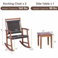 Tangkula 3 Pieces Patio Rocking Chair Set, Patiojoy Acacia Wood Rocker with Side Table, Outdoor Rocking Chairs with Wicker Rattan Seat & Backrest