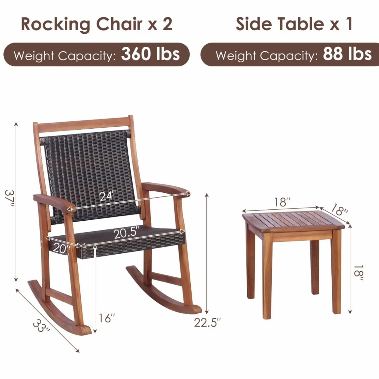 Tangkula 3 Pieces Patio Rocking Chair Set, Patiojoy Acacia Wood Rocker with Side Table, Outdoor Rocking Chairs with Wicker Rattan Seat & Backrest