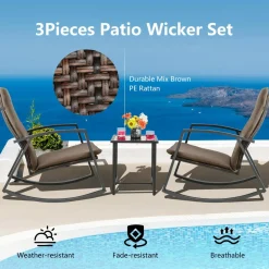 Tangkula 3 Pieces Patio Rocking Bistro Set, PE Rattan Rocking Chairs with Tempered Glass Side Table