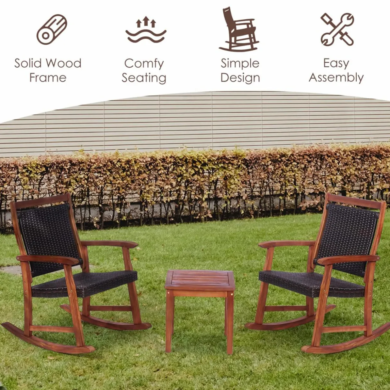 Tangkula 3 Pieces Patio Rocking Chair Set, Patiojoy Acacia Wood Rocker with Side Table, Outdoor Rocking Chairs with Wicker Rattan Seat & Backrest