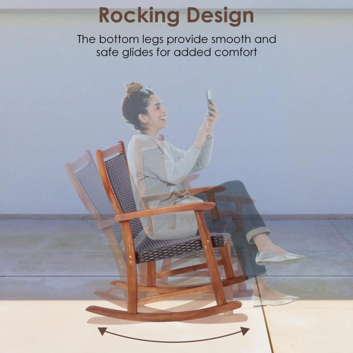 Tangkula 3 Pieces Patio Rocking Chair Set, Patiojoy Acacia Wood Rocker with Side Table, Outdoor Rocking Chairs with Wicker Rattan Seat & Backrest