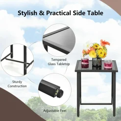 Tangkula 3 Pieces Patio Rocking Bistro Set, PE Rattan Rocking Chairs with Tempered Glass Side Table