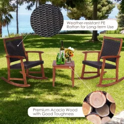 Tangkula 3 Pieces Patio Rocking Chair Set, Patiojoy Acacia Wood Rocker with Side Table, Outdoor Rocking Chairs with Wicker Rattan Seat & Backrest