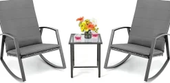 Tangkula 3 Pieces Patio Rocking Bistro Set, PE Rattan Rocking Chairs with Tempered Glass Side Table