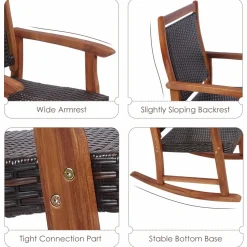 Tangkula 3 Pieces Patio Rocking Chair Set, Patiojoy Acacia Wood Rocker with Side Table, Outdoor Rocking Chairs with Wicker Rattan Seat & Backrest