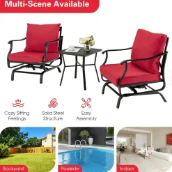 Tangkula 3 Pieces Patio Rocking Chair Set W/Coffee Table Set, Seat & Back Cushions Included (Red)