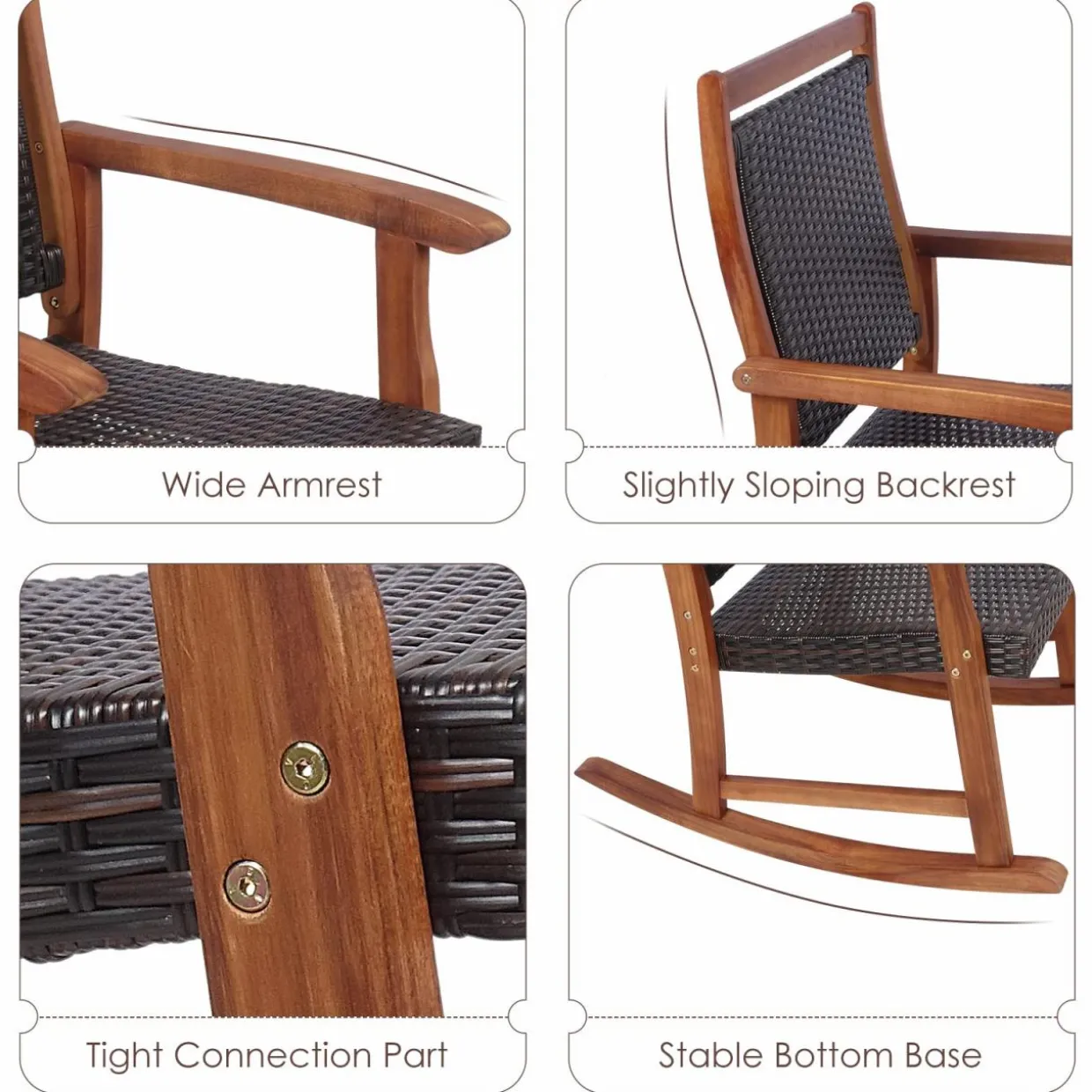 Tangkula 3 Pieces Patio Rocking Chair Set, Patiojoy Acacia Wood Rocker with Side Table, Outdoor Rocking Chairs with Wicker Rattan Seat & Backrest