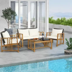 Tangkula 4 Pieces Patio Sofa Set, Outdoor Mix Brown Rattan Conversation Set with Acacia Wood Frame