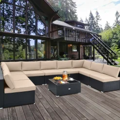 Tangkula 10 Pieces Patio Sofa Set, Outdoor Wicker Conversation Set with Soft Cushions