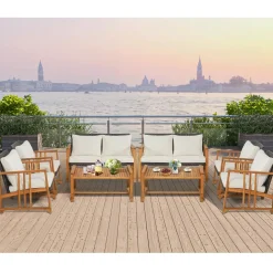 Tangkula 4 Pieces Patio Sofa Set, Outdoor Mix Brown Rattan Conversation Set with Acacia Wood Frame