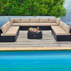 Tangkula 10 Pieces Patio Sofa Set, Outdoor Wicker Conversation Set with Soft Cushions