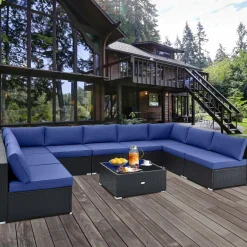 Tangkula 10 Pieces Patio Sofa Set, Outdoor Wicker Conversation Set with Soft Cushions
