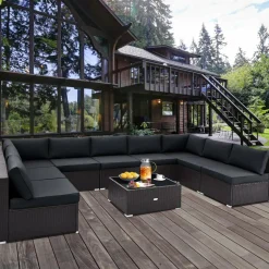 Tangkula 10 Pieces Patio Sofa Set, Outdoor Wicker Conversation Set with Soft Cushions