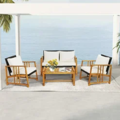 Tangkula 4 Pieces Patio Sofa Set, Outdoor Mix Brown Rattan Conversation Set with Acacia Wood Frame