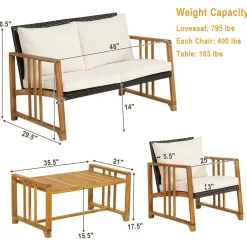 Tangkula 4 Pieces Patio Sofa Set, Outdoor Mix Brown Rattan Conversation Set with Acacia Wood Frame