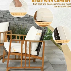 Tangkula 4 Pieces Patio Sofa Set, Outdoor Mix Brown Rattan Conversation Set with Acacia Wood Frame