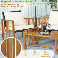 Tangkula 4 Pieces Patio Sofa Set, Outdoor Mix Brown Rattan Conversation Set with Acacia Wood Frame