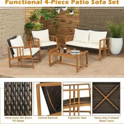 Tangkula 4 Pieces Patio Sofa Set, Outdoor Mix Brown Rattan Conversation Set with Acacia Wood Frame