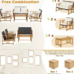 Tangkula 4 Pieces Patio Sofa Set, Outdoor Mix Brown Rattan Conversation Set with Acacia Wood Frame