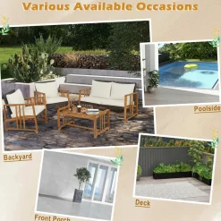 Tangkula 4 Pieces Patio Sofa Set, Outdoor Mix Brown Rattan Conversation Set with Acacia Wood Frame
