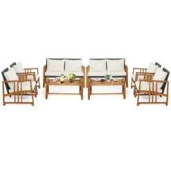 Tangkula 4 Pieces Patio Sofa Set, Outdoor Mix Brown Rattan Conversation Set with Acacia Wood Frame