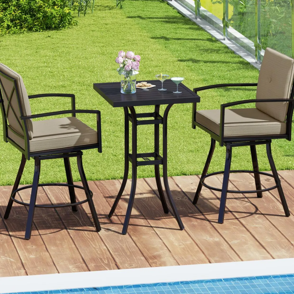 Tangkula 3 Pieces Patio Swivel Bar Set