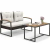 Tangkula 2 Pieces Patio Wicker Furniture Set, Heavy Duty Outdoor Cushioned Loveseat with Acacia Wood Coffee Table