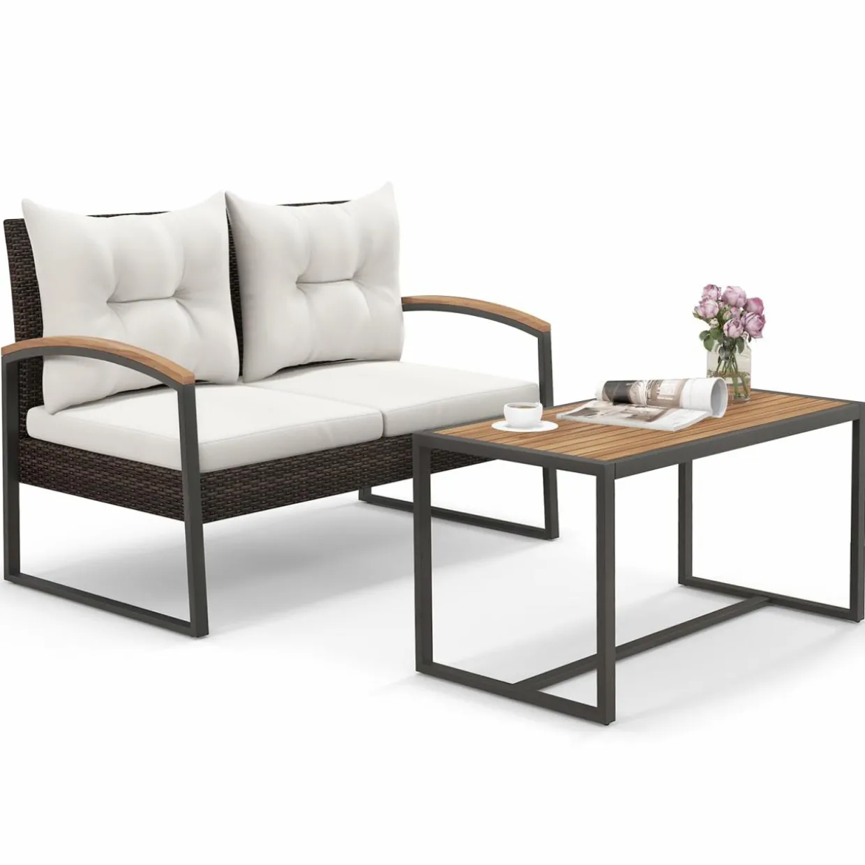 Tangkula 2 Pieces Patio Wicker Furniture Set, Heavy Duty Outdoor Cushioned Loveseat with Acacia Wood Coffee Table