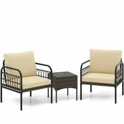 Tangkula 3 Pieces Patio Wicker Furniture Set, Outdoor Conversation Bistro Set