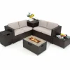 Tangkula 6 Pieces Patio Wicker Furniture Set with 32 Inches Propane Fire Pit Table and Tank Holder