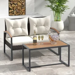 Tangkula 2 Pieces Patio Wicker Furniture Set, Heavy Duty Outdoor Cushioned Loveseat with Acacia Wood Coffee Table