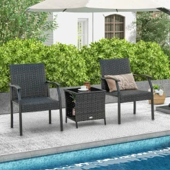 Tangkula 3 Pieces Patio Wicker Chair Set, Waterproof All Weahter Heavy Duty Outdoor Conversation Set