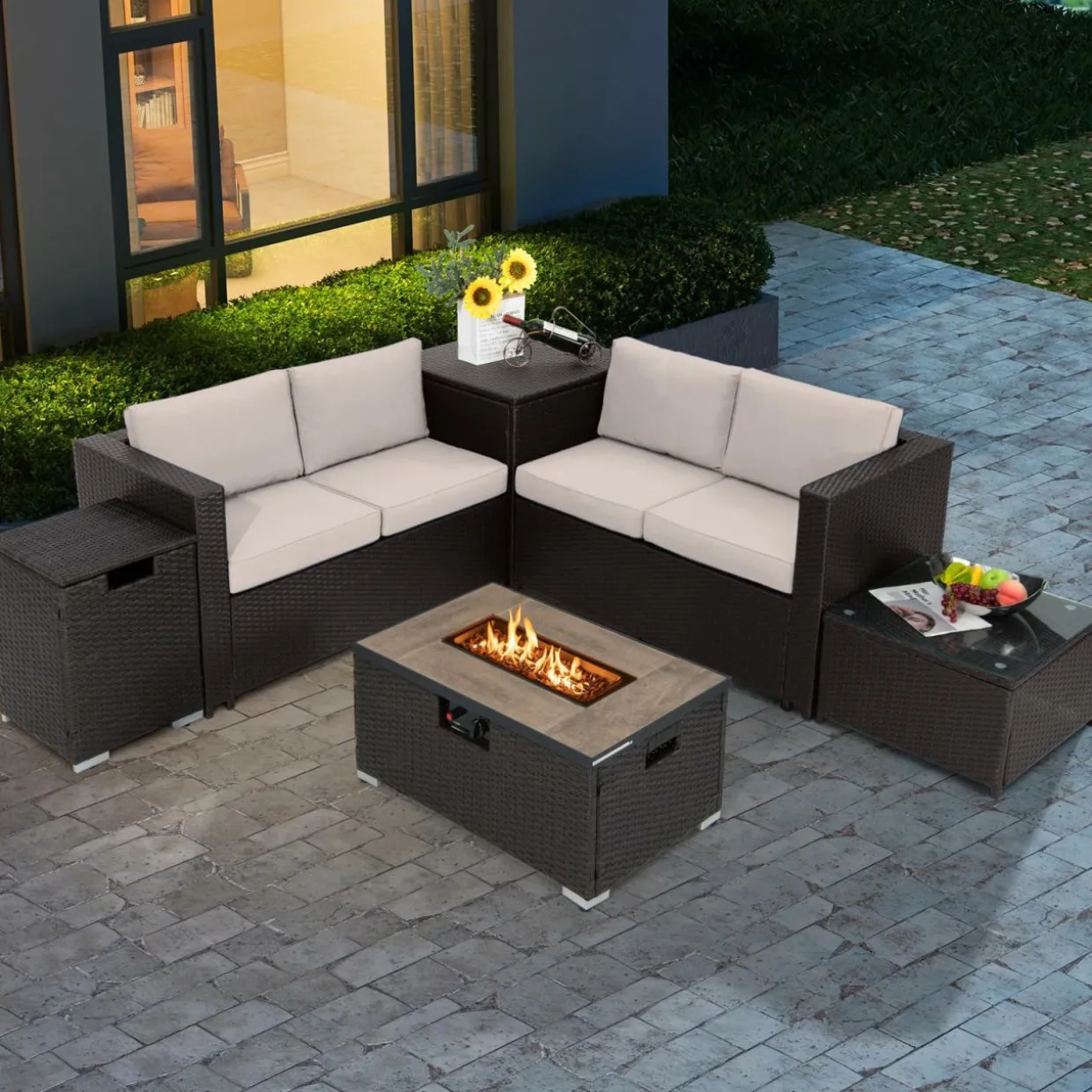 Tangkula 6 Pieces Patio Wicker Furniture Set with 32 Inches Propane Fire Pit Table and Tank Holder