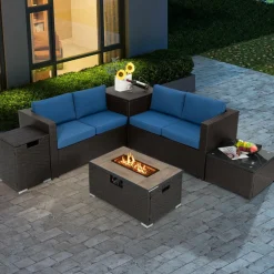 Tangkula 6 Pieces Patio Wicker Furniture Set with 32 Inches Propane Fire Pit Table and Tank Holder
