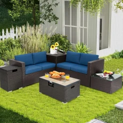 Tangkula 6 Pieces Patio Wicker Furniture Set with 32 Inches Propane Fire Pit Table and Tank Holder
