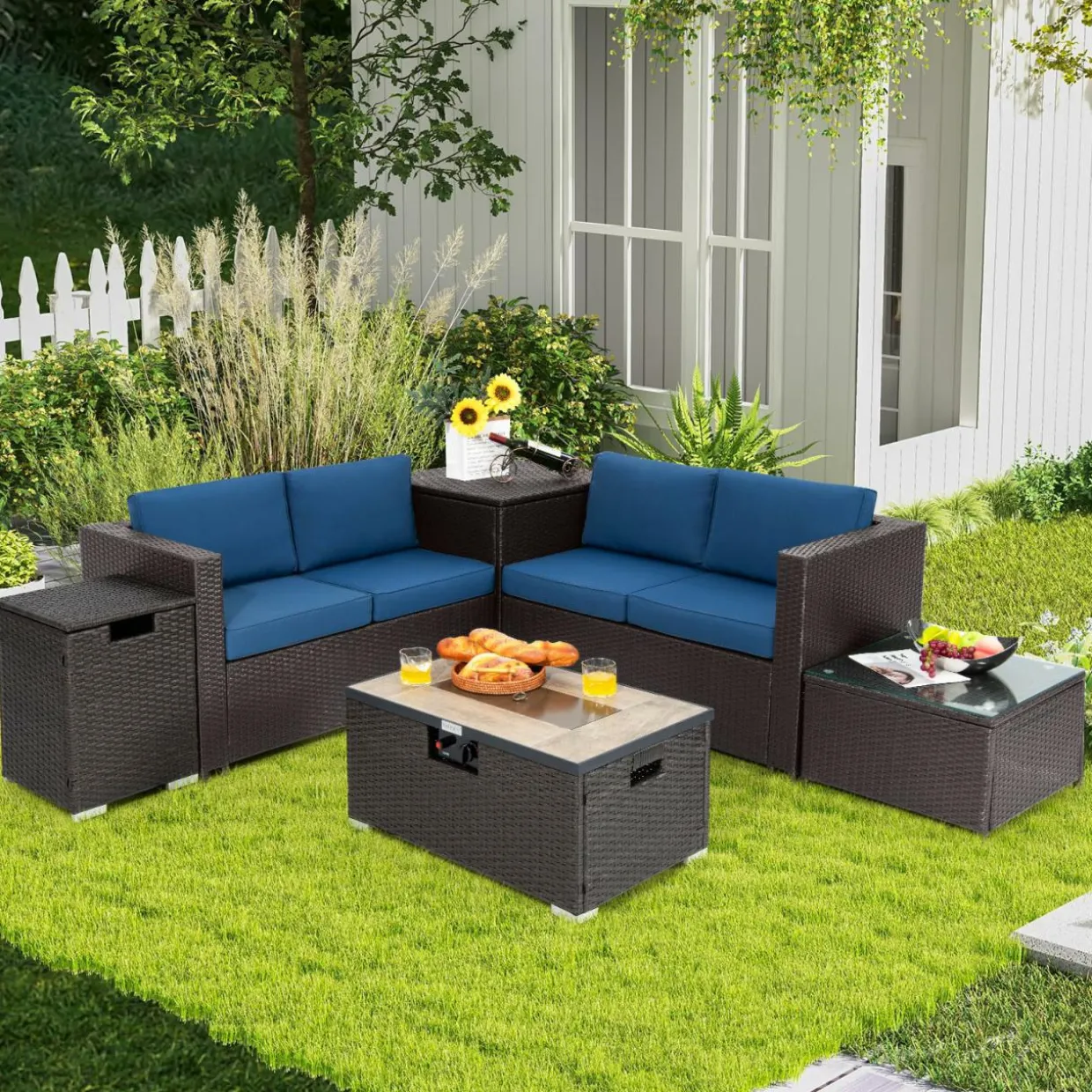 Tangkula 6 Pieces Patio Wicker Furniture Set with 32 Inches Propane Fire Pit Table and Tank Holder