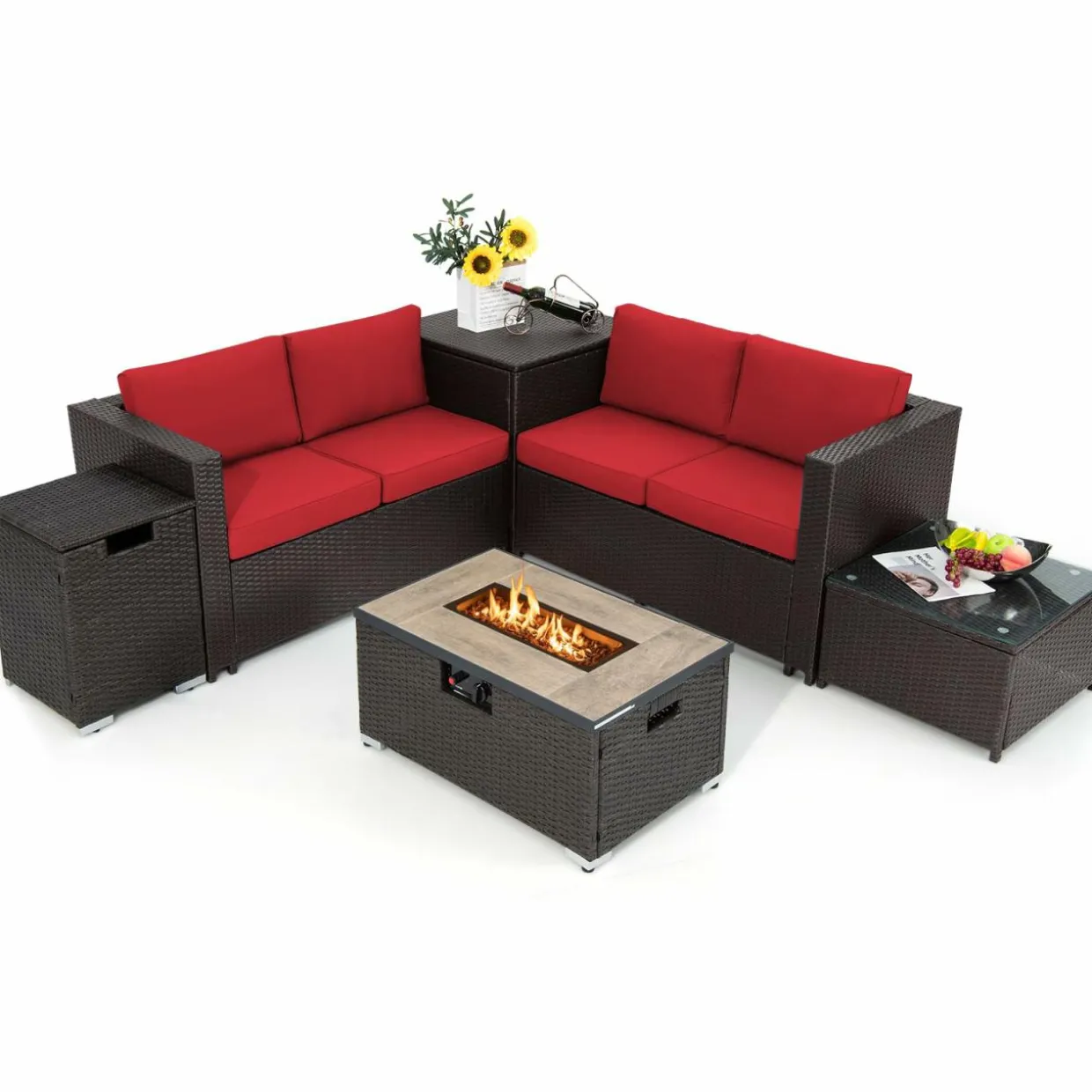 Tangkula 6 Pieces Patio Wicker Furniture Set with 32 Inches Propane Fire Pit Table and Tank Holder