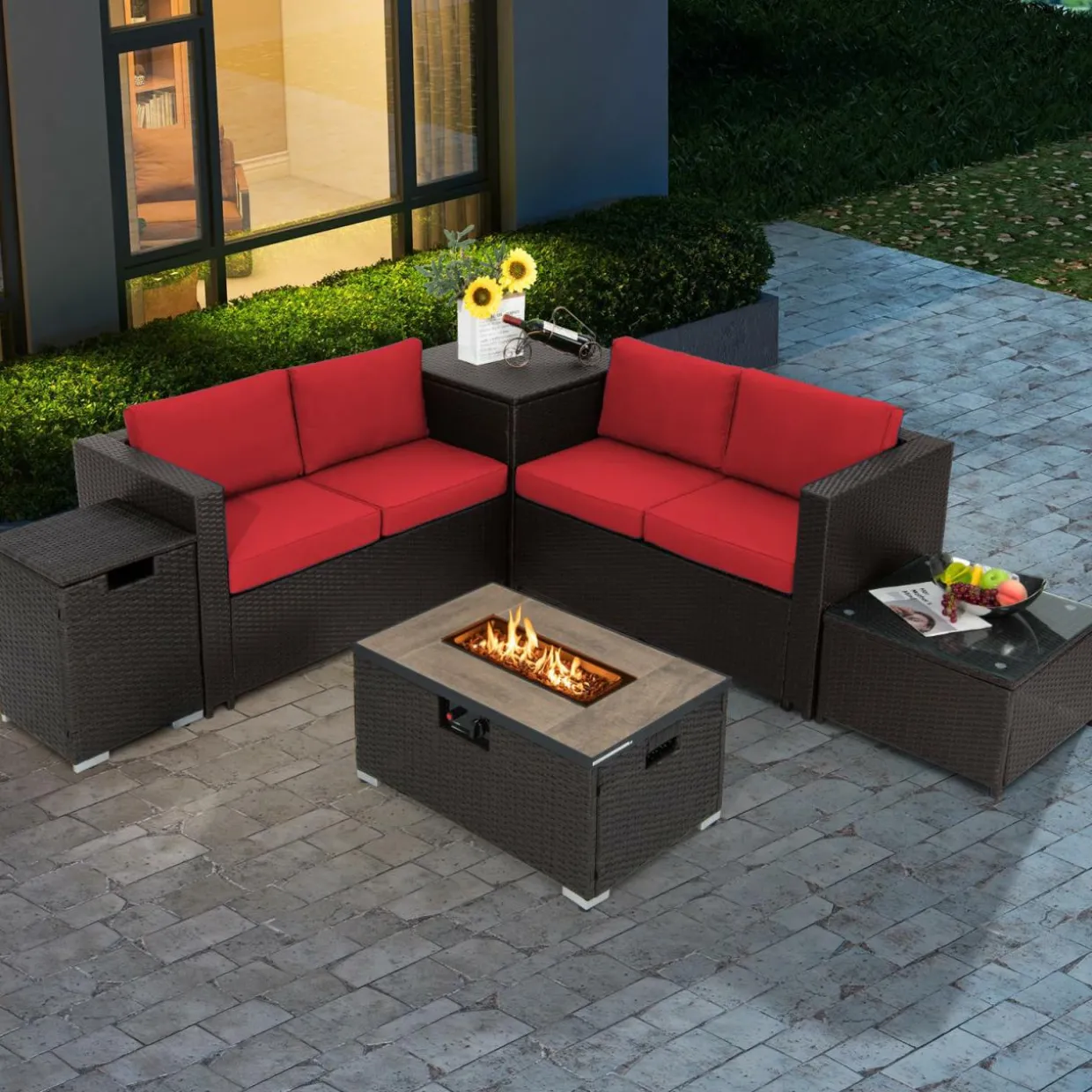 Tangkula 6 Pieces Patio Wicker Furniture Set with 32 Inches Propane Fire Pit Table and Tank Holder